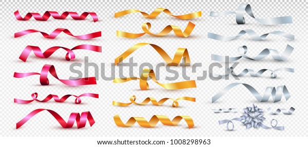 Set of red, gold\
and silver satin ribbon. For greeting cards and invitations of the\
wedding, birthday, Valentine\'s Day, mother\'s day. Vector\
illustration of curved\
tape