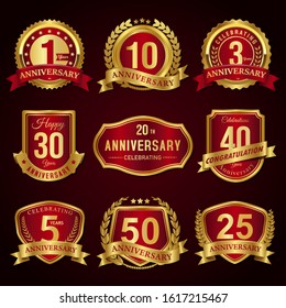 Set of red and gold years anniversary seal badges and labels