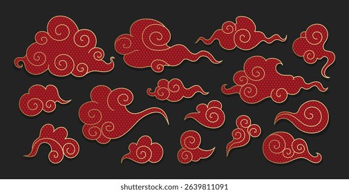 Set of red and golden Asian swirl clouds with geometric ornament. Hand drawn celestial Chinese doodle clouds. Vector illustration