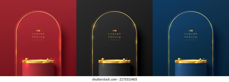 Set of red, golden, blue realistic 3D cylinder stand podium with luxury arch shape scene background. Abstract vector rendering geometric forms. Mockup product display. Minimal scene. Stage showcase.