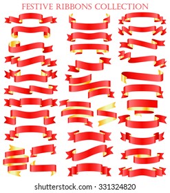 Set of Red Golden Celebration Curved Ribbons Variations Isolated on White Background