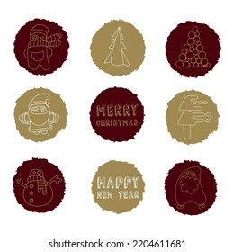 Set of red, golden circles with Christmas tree, Santa Clause, text on isolated background. Vector design Xmas templates for wallpapers, patterns, invitations, prints, greeting cards, posters, logo.  