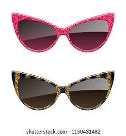 Set of red and golden glitter sunglasses icons. Fashion glasses accessories.