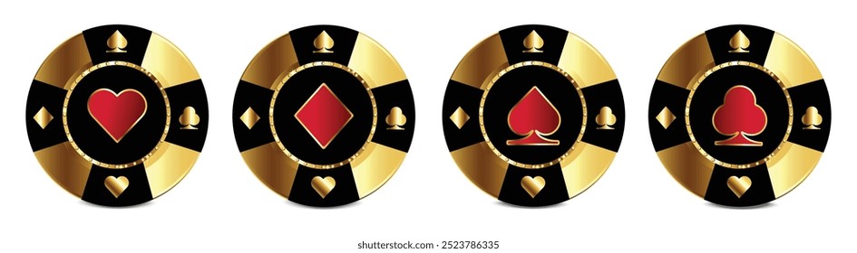 Set of red and golden poker chips. Gambling tokens with suits for poker and casino. Diamonds, clubs, hearts, spades chips. Vector illustration on a white background.