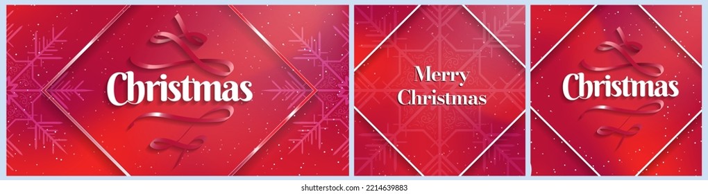 Conjunto de plantillas de carteles y tarjetas de Navidad de gradiente rojo con marco brillante rojo, copos de nieve y fondo de diseño de gradiente líquido rojo. Ilustración de vectores editable. Durante las vacaciones.