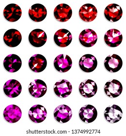 Set of red gradient gemstones of round cut. Jewels on white background. Vector illustration.
