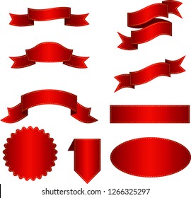 Set of red gradient ribbon for decoration of greeting cards, gifts, promotions and discounts, festive goods. Flat cartoon illustration. Objects isolated on white background.