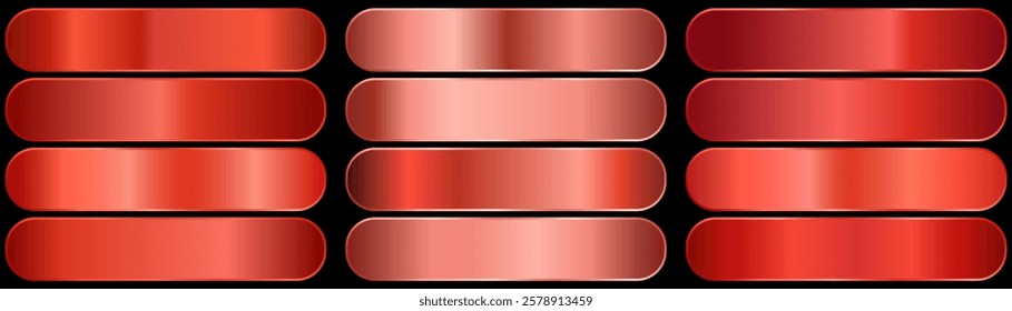 A set with red gradients on a black background. A palette of colors for the design, a collection of high-quality ingredients. Metallic texture, shiny background. Vector.