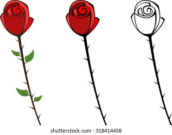 Set of red graphic roses with thorns