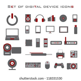 Set of red and gray electronic vector device icons.