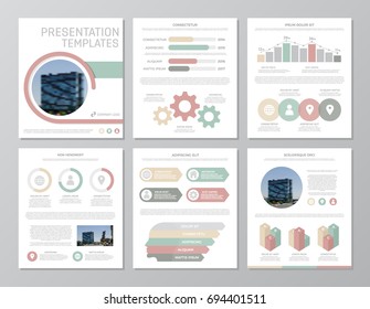 Set of red, gray and green elements for multipurpose a4 presentation template slides with graphs and charts. Leaflet, corporate report, marketing, advertising,  book cover design.