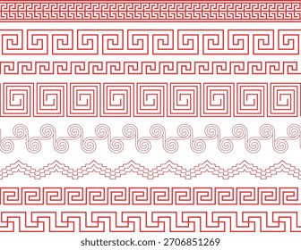 Conjunto de bordes de Vector de patrón clave griego rojo. Colección de marcos ornamentales antiguos de meandro, espiral y geométricos.
