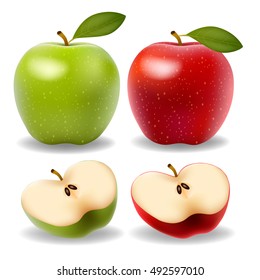 Set of red and green apple fruits with cut and green leaves