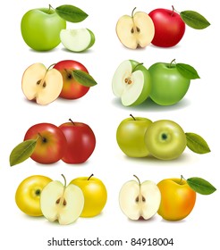 Set of red and green apple fruits with cut and green leaves. Vector illustration.