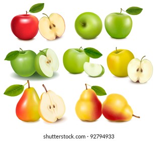 Set of red and green apple fruits with cut and pears. Vector.