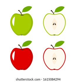 Set of red and green apple and half of fruit with leaf vector ilustration. EPS 10