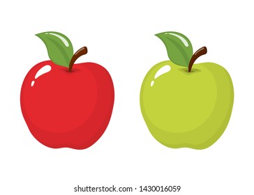 Set of red and green apples isolated on white background. Organic fruit. Cartoon style. Vector illustration for any design.