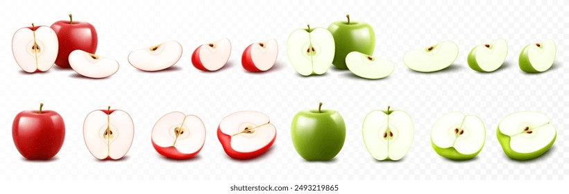 Conjunto de manzanas rojas y verdes aisladas sobre fondo transparente. Entera, mitad y rodajas de fruta jugosa madura. Cosecha de verano. Producto natural. Ilustración vectorial 3D realista