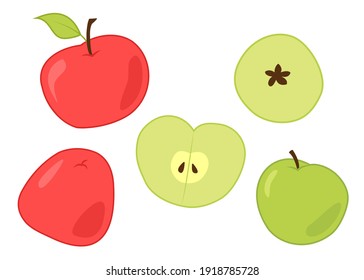A set of red and green apples, whole and in section. Colored isolated objects on a white. Cartoon.