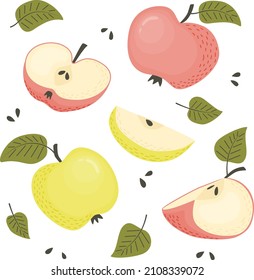 
Set of red and green apples. Whole, sliced ​​apples, half an apple on a white background. Vector illustration in flat style.