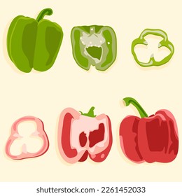 A set of red and green bell peppers cut in half. Slices of peppers. Vector illustration. Whole pepper isolated. Healthy food. Veganism.