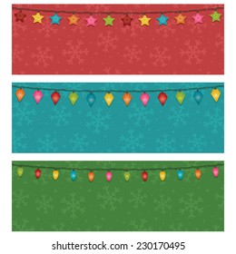 set of red, green and blue horizontal christmas snowflake banners with fairy lights and space for your text