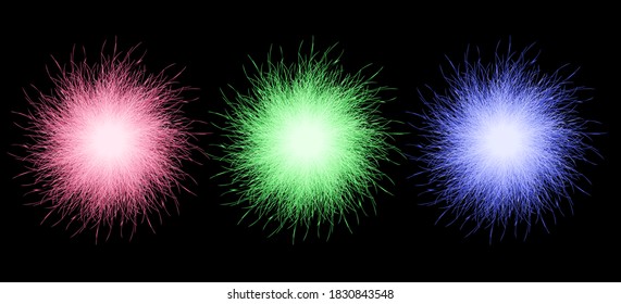 Set of red, green and blue pompons. Fluffy pompons isolated. 3D vector illustration.