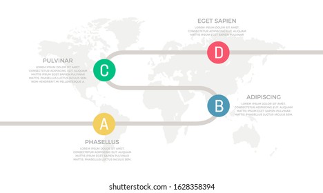 Set of red, green, blue and yellow elements for infographic with world map presentation slides.