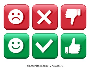 Set red and green buttons. Face positive and negative. Confirmation and rejection. Yes and no. Thumb up and down. Like and dislike. Vector illustration.