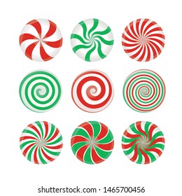 Set of red and green candies caramel, Lollipop. Striped candy unwrapped on a white background. Vector design element for Christmas, New year, winter holiday, dessert, new year's eve, food, etc