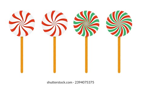 Set of red and green candies caramel, Lollipop. Striped candy unwrapped on a white background. Vector design element for Christmas, New year, winter holiday, dessert, new year's. Vector illustration