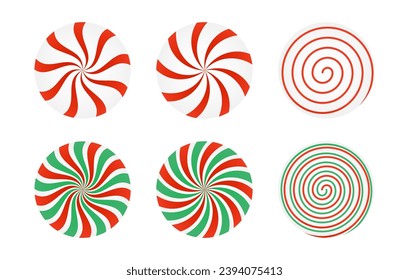 Set of red and green candies caramel, Lollipop. Striped candy unwrapped on a white background. Vector design element for Christmas, New year, winter holiday, dessert, new year's. Vector illustration