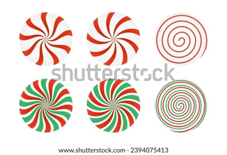 Set of red and green candies caramel, Lollipop. Striped candy unwrapped on a white background. Vector design element for Christmas, New year, winter holiday, dessert, new year's. Vector illustration