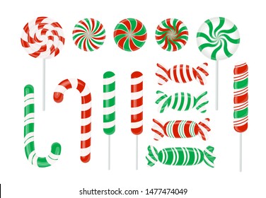 Set of red and green candies. Christmas candy caramel, Lollipop, Lollipop isolated on white. Vector design element for Christmas New year, winter holiday, website, mobile app, dessert, etc