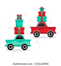 Set red and green cars carries gifts. New year and Christmas card or banner in vector. Cartoon toy car. Flat design vector festive holiday design element. Christmas shopping. Children's illustration. 