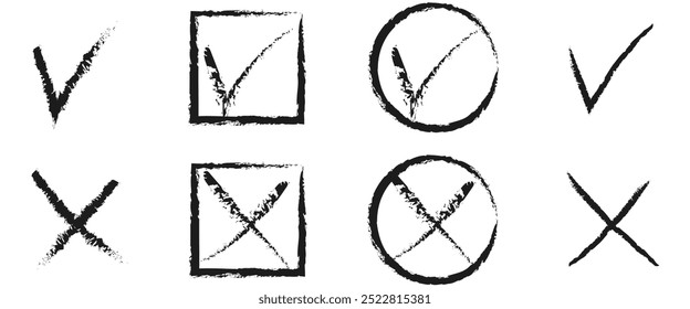 Set of red green check marks doodle icons with brush strokes styles. Grainy, grungy, dusty, rusty, or dirty textured symbol. Yes or no sign. Hand drawn graffiti elements for checkbox and voting