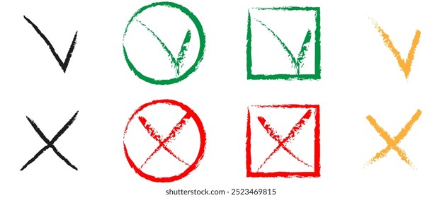 Set of red green check marks doodle icons with brush strokes styles. Grainy, grungy, dusty, rusty, or dirty textured symbol. Yes or no sign. Hand drawn graffiti elements for checkbox and voting