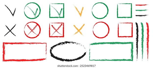 Set of red green check marks doodle icons with brush strokes styles. Grainy, grungy, dusty, rusty, or dirty textured symbol. Yes or no sign. Hand drawn graffiti elements for checkbox and voting