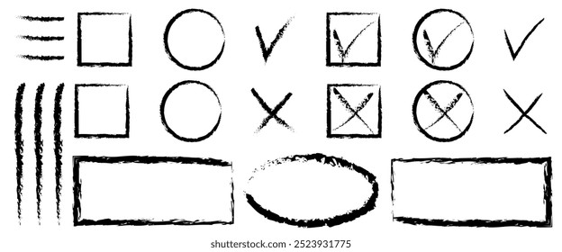 Set of red green check marks doodle icons with brush strokes styles. Grainy, grungy, dusty, rusty, or dirty textured symbol. Yes or no sign. Hand drawn graffiti elements for checkbox and voting