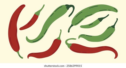 Set of red and green chili peppers. Spicy vegetable, hot pepper. Flat vector illustration.