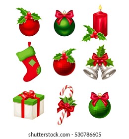 Set of red and green Christmas decorations (balls, bells, candy cane, stocking, gift box and candle) isolated on a white background. Vector illustration.