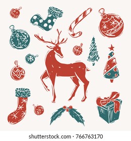 Set of red and green christmas elements over white background