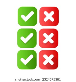 Set von roten und grünen Kreuzen und Auswahlfeldern Button für die Schnittstelle. Set von grünen und roten Kreuzen und Markierungen, ja, nein, richtig, falsch, genehmigt, abgelehnt.