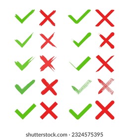 Set of red and green crosses and checkmarks Button for interface. Set of green and red crosses and checkmarks, yes, no, right, wrong, approved, rejected.
