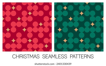 Set of red and green dot and star seamless pattern for christmas and new year background.