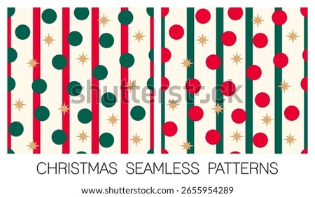 Set of red and green dots, stripes and gold stars seamless pattern for christmas and new year background.