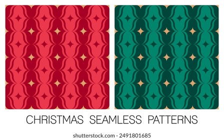 Set of red and green geometric elements with gold star seamless pattern design for christmas and new year background.