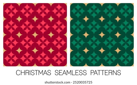 Set of red and green geometric elements with gold star seamless pattern design for christmas and new year background.