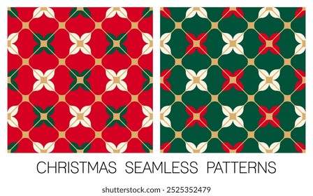 Set of red and green geometrical floral elements seamless pattern design for christmas and new year holidays. Simple vintage styled pattern.