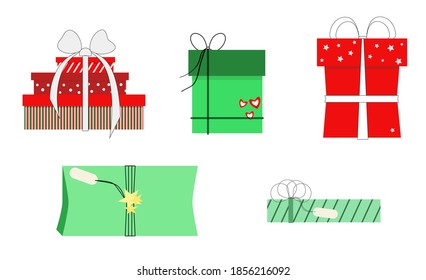 Set of red and green gift boxes for the holiday and New Year. Vector illustration
